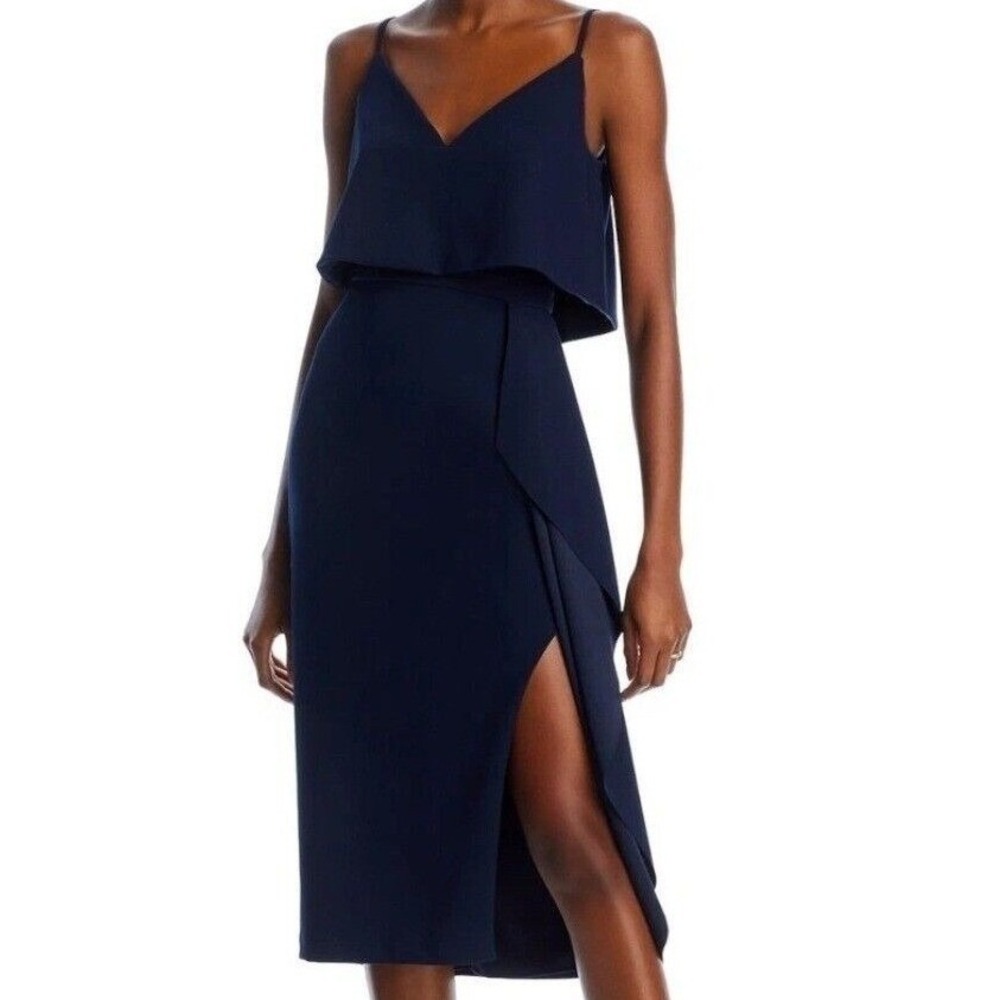 Aqua‎ Navy Draped Midi Dress Womens 0 Formal Slit Overlay Spaghetti Strap NWT